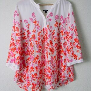 Talbots Blouse Long Sleeve V-neck Floral Size XL Pink Red Cream Flowy Silky Top